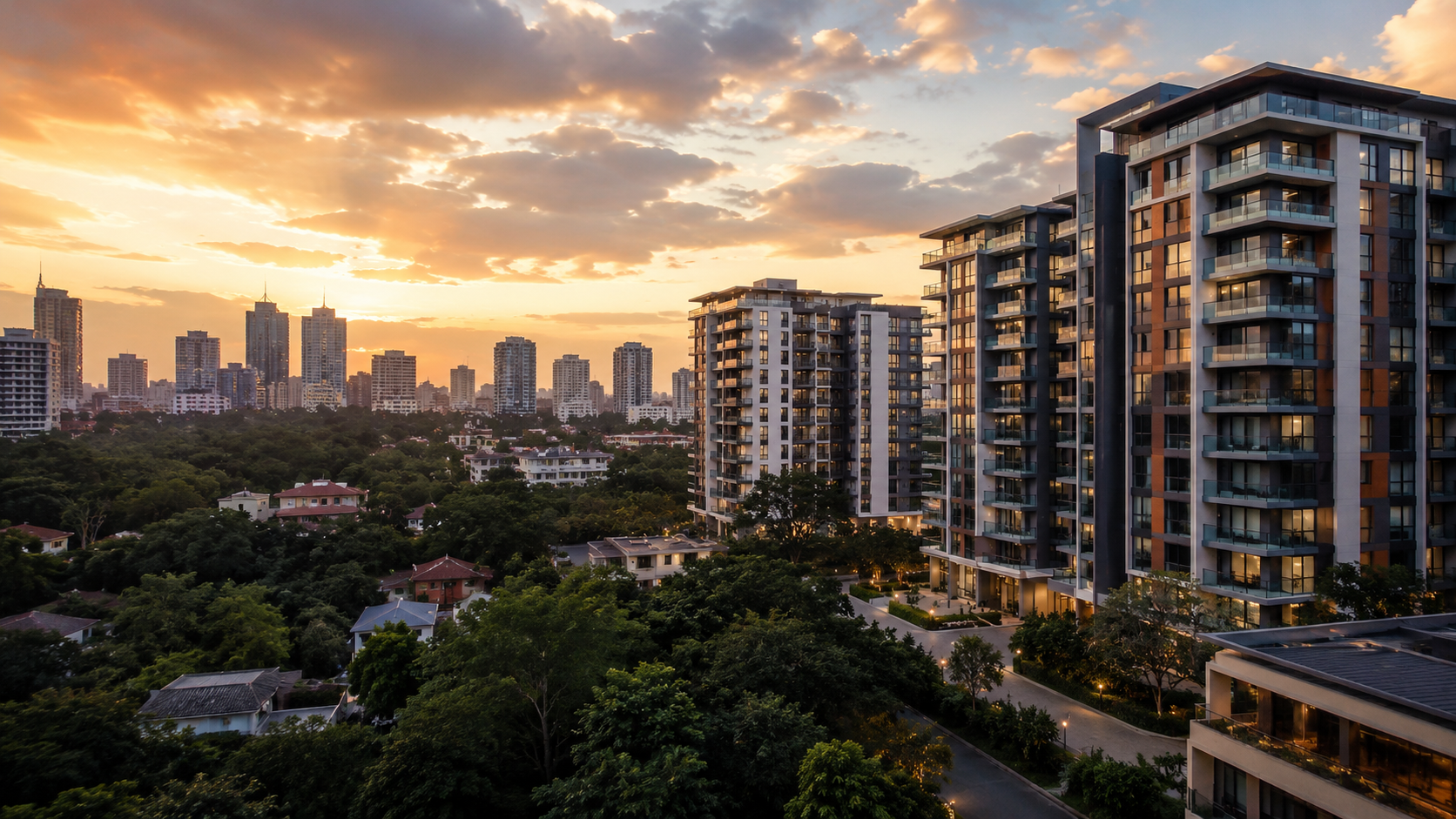 Modern Nairobi residential apartments and skyline at golden hour