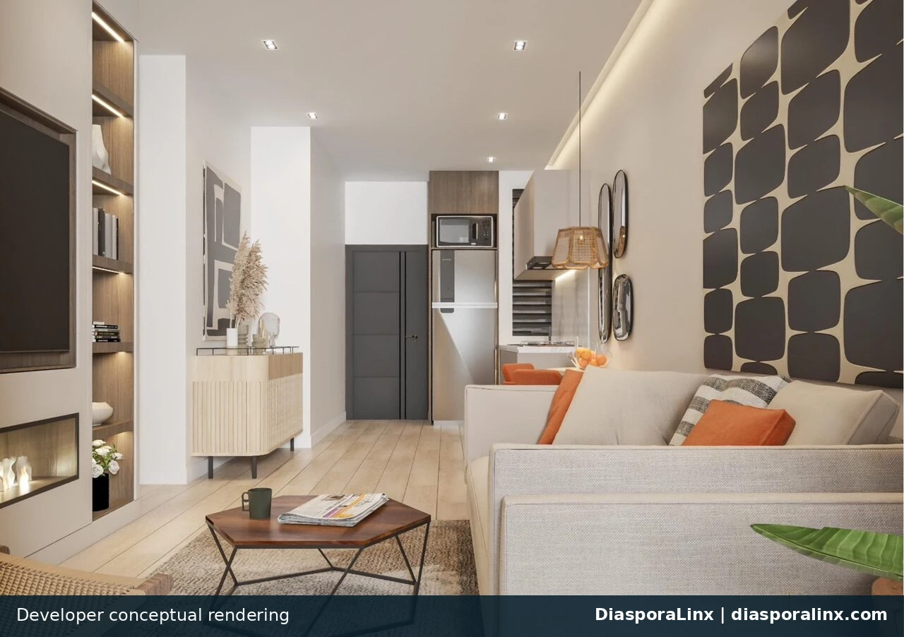 Living and kitchen developer conceptual rendering