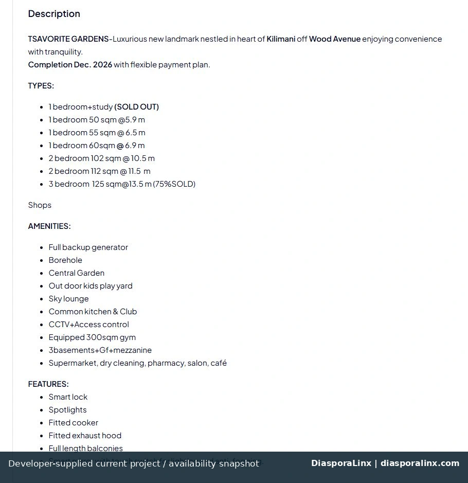 Tsavorite Gardens developer supplied current price and project details snapshot