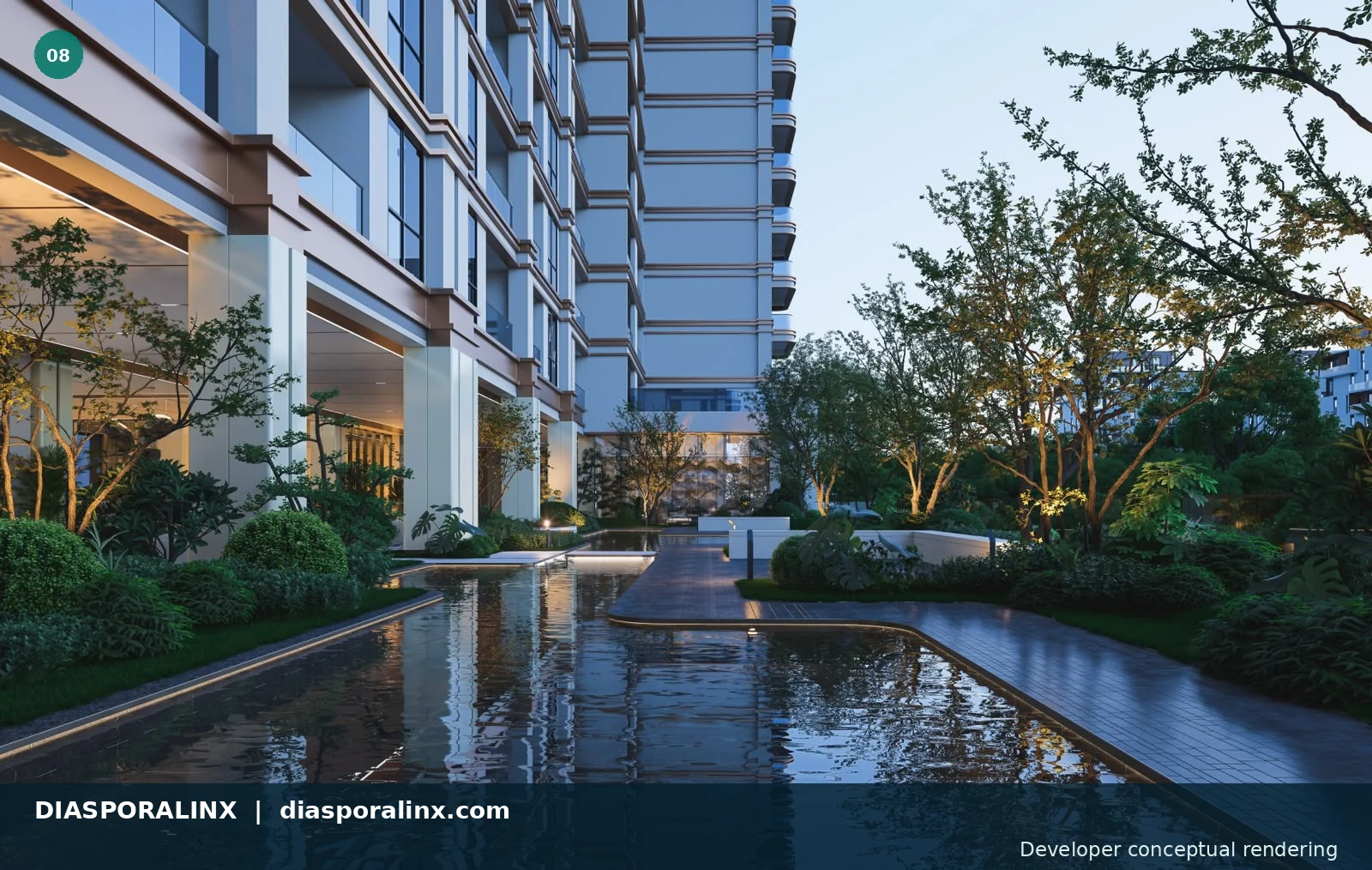 Water garden / landscape court — developer conceptual rendering
