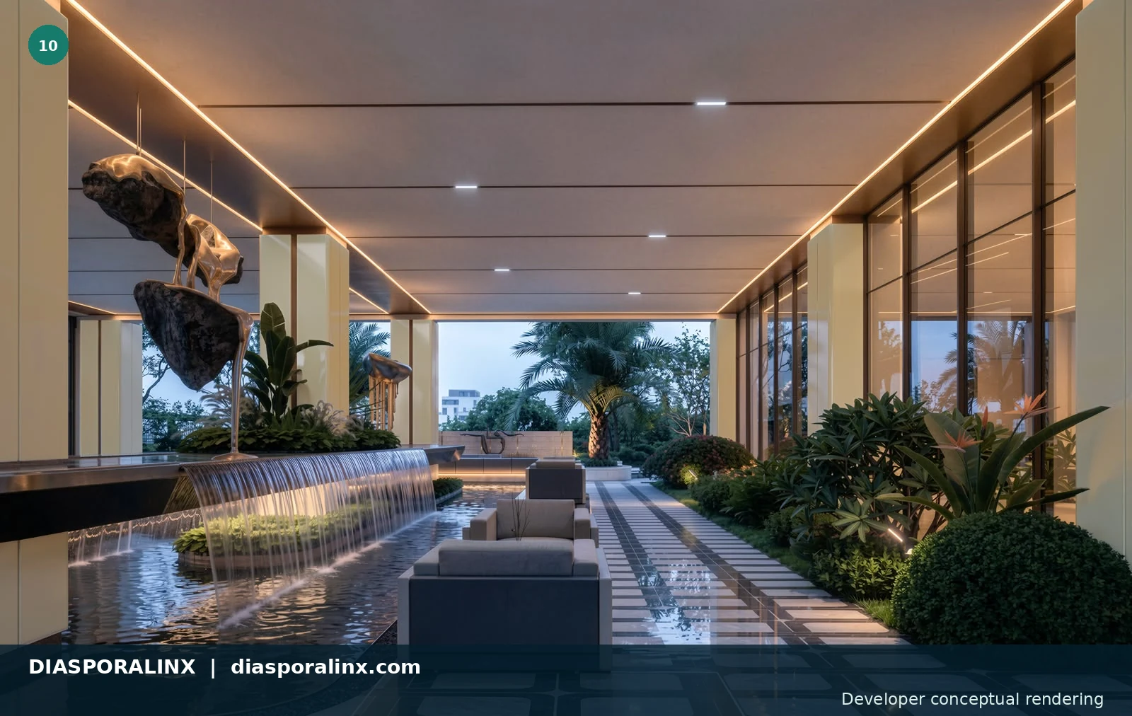 Covered garden lobby — developer conceptual rendering