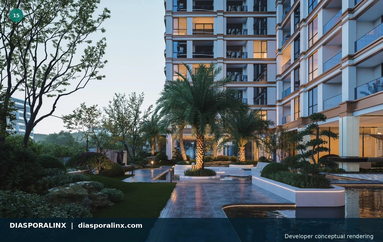 Landscaped central court — developer conceptual rendering