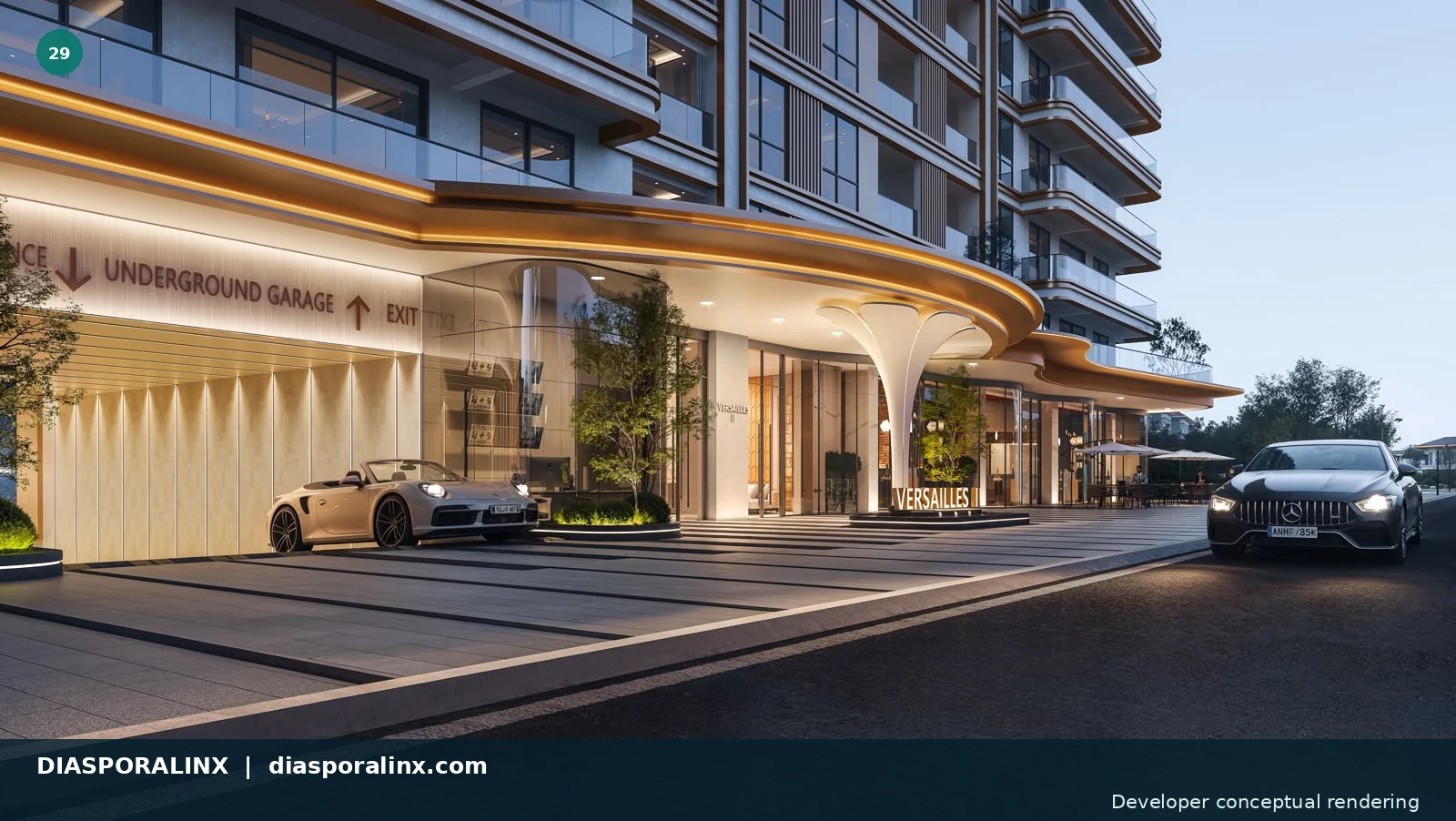 Main entrance — evening view — developer conceptual rendering