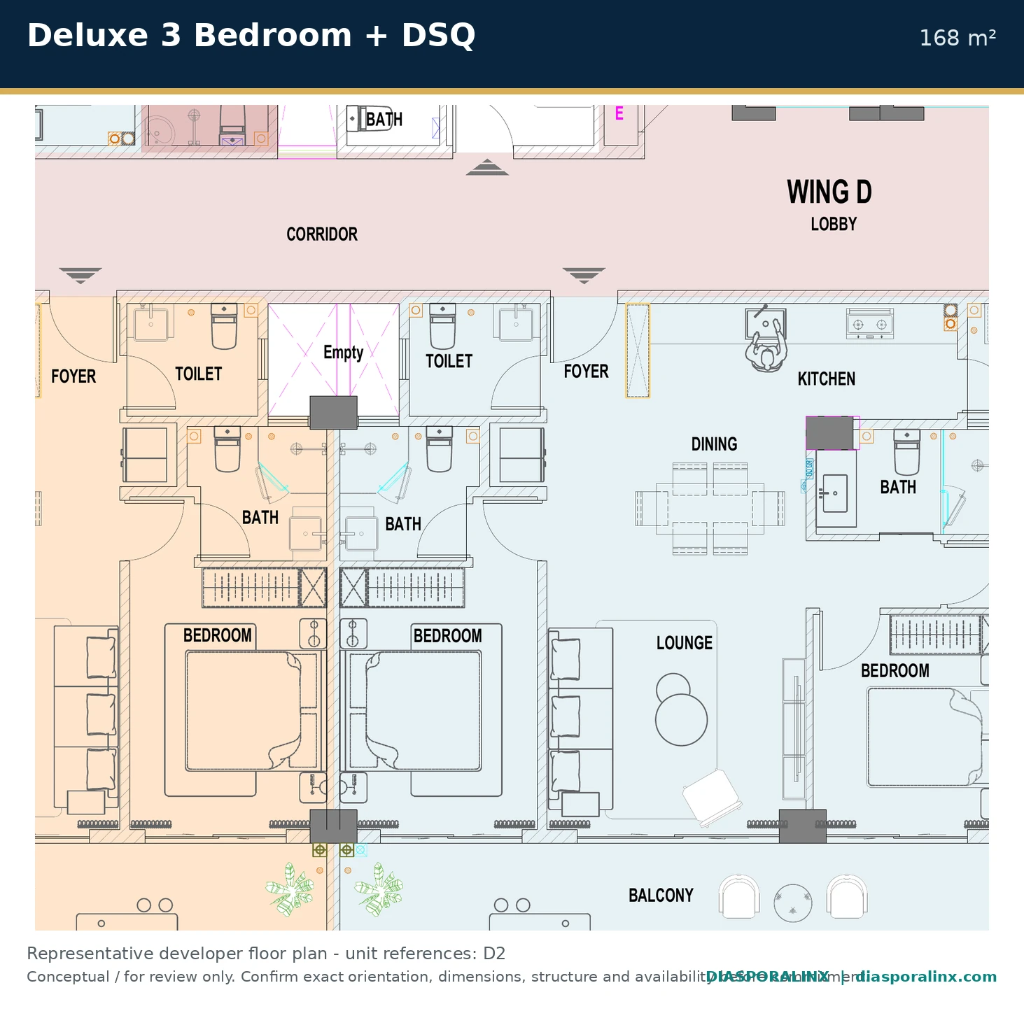 Deluxe 3 Bedroom + DSQ 168 m² developer floor plan