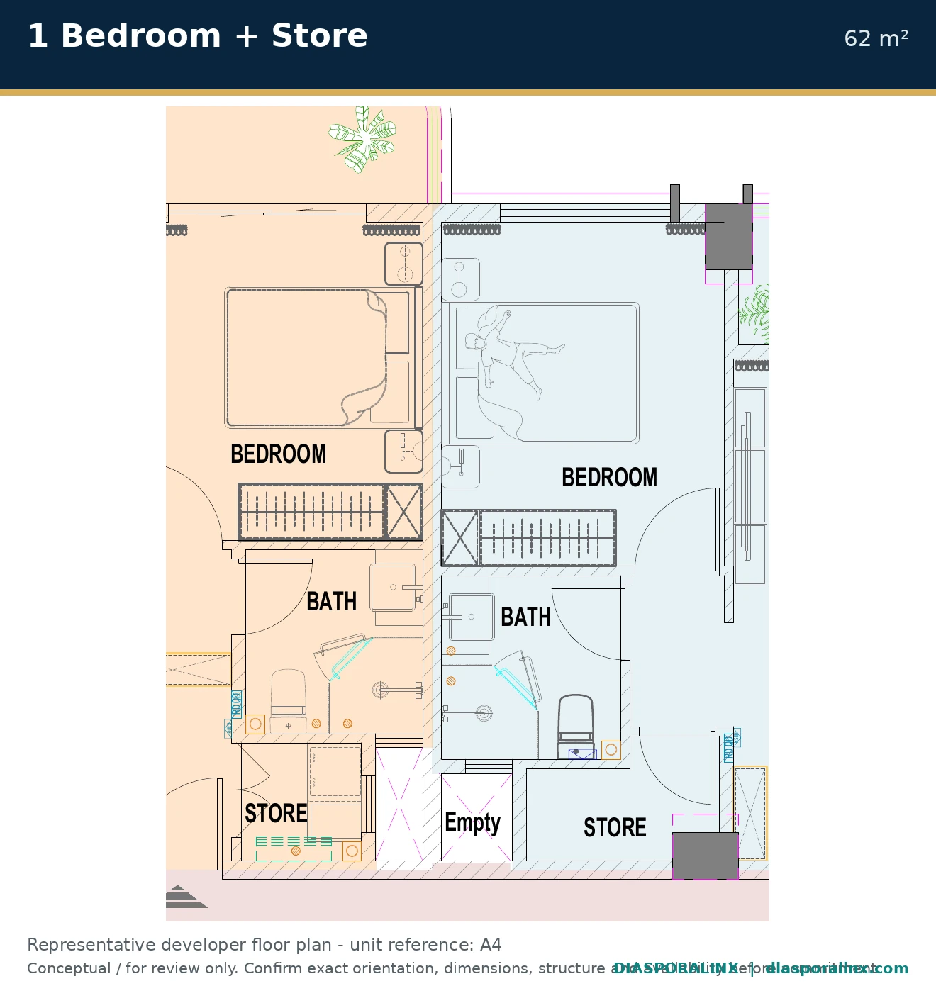 One bedroom plus store 62 square metre plan