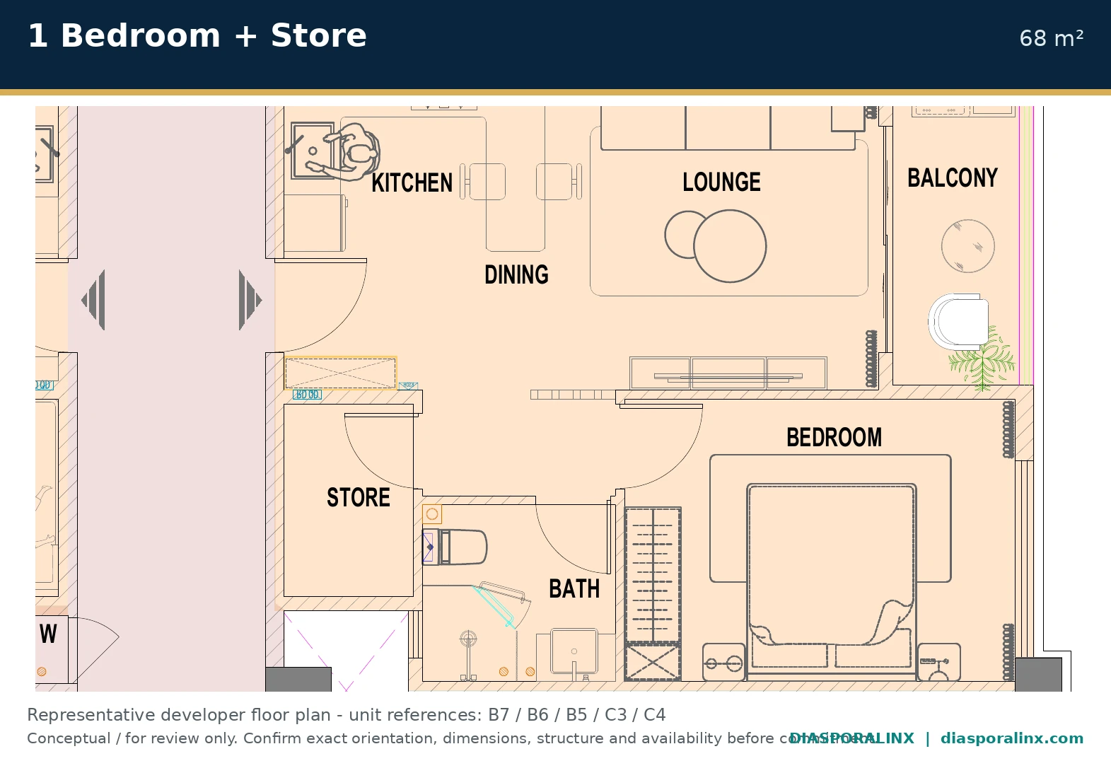 1 Bedroom + Store 68 m² developer floor plan