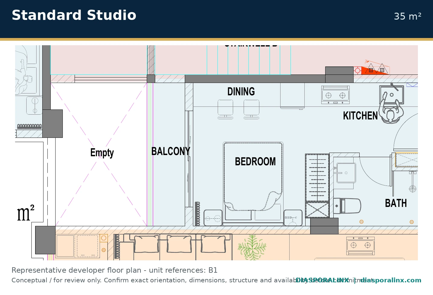 Standard studio 35 square metre plan